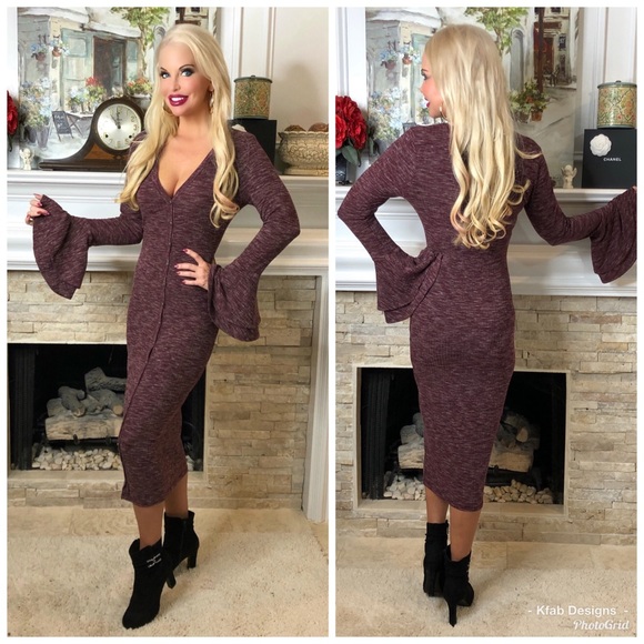 LAST 1! Ribbed Soft Stretchy Knit V Neck Midi Bell Sleeve Dress! - Picture 5 of 6